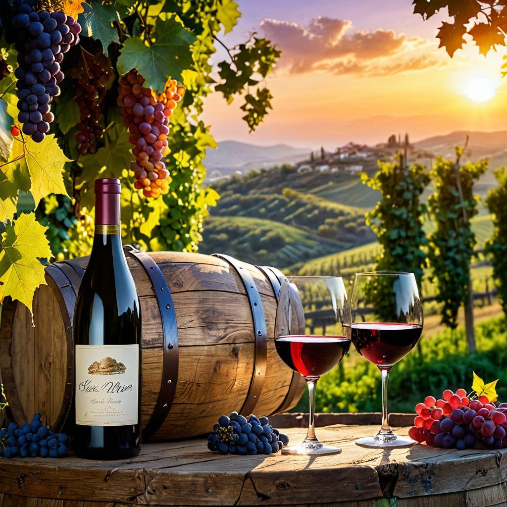 A picturesque view of lush vineyards in Turkey, with rolling hills kissed by golden sunlight. Include a rustic wooden wine barrel and a bottle of red wine being poured into an elegant glass, surrounded by grapevines and a vibrant sunset in the background. Add a couple of travelers enjoying the scenery, showcasing the adventure in exploring vineyards. vibrant colors. super-realistic. natural scenery.