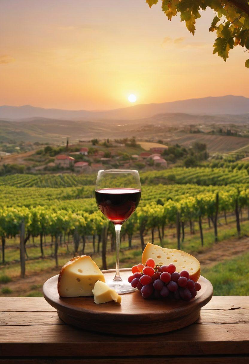 A scenic vineyard in Turkey at sunset, showcasing rows of lush grapevines with ripe grapes hanging from the vines. In the foreground, a traditional Turkish wine glass filled with rich red wine, surrounded by rustic elements like a wooden barrel and cheese platter. In the background, rolling hills and ancient ruins hinting at the history of winemaking. Colors should be warm and inviting, evoking the essence of a wine tour experience. super-realistic. vibrant colors.