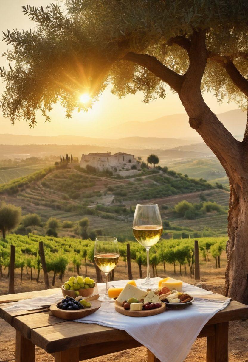 A picturesque vineyard in Turkey, showcasing rolling hills dotted with grapevines under a golden sunset. Include a rustic wooden table set with elegant wine glasses and a selection of Turkish cheeses and olives, creating an inviting atmosphere. In the background, capture ancient stone ruins and olive trees to highlight the region's rich history. Add a couple enjoying a wine tasting experience, laughing and toasting. super-realistic. vibrant colors. tranquil atmosphere.